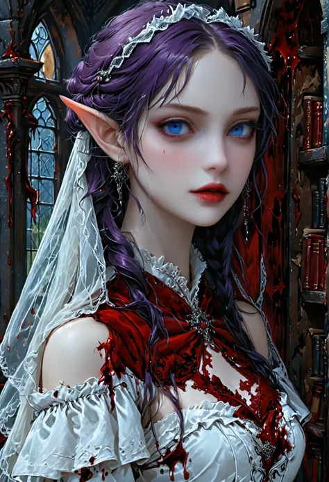 arafed a picture of elf vampire in her castle. an exquisite beautiful female elf vampire (ultra details, Masterpiece, best quality), bloody mouth, purple hair, pale skin, hair in a ponytail, long hair, blue eyes, small pointed ears, cold eyes, smirking, we...