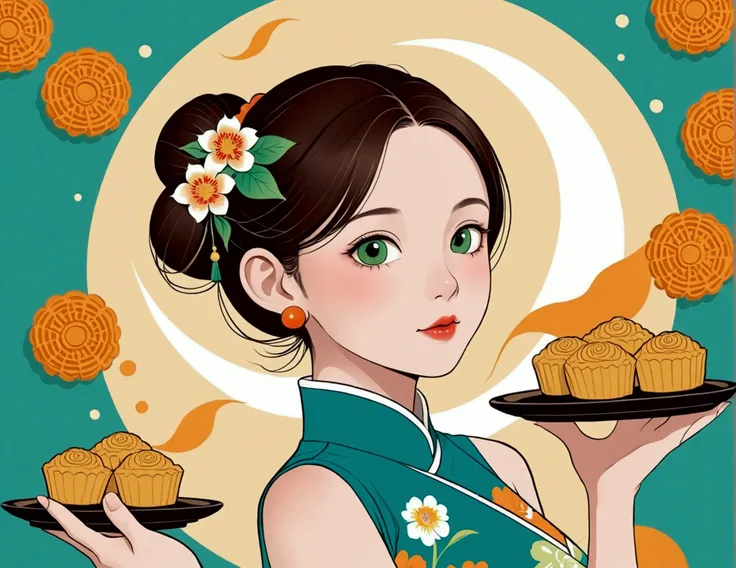 mid-autumn festival poster design，girl，cyan and green，starbucks mooncakes，moon，orange color，big eyes，cute expression，two hair bu...