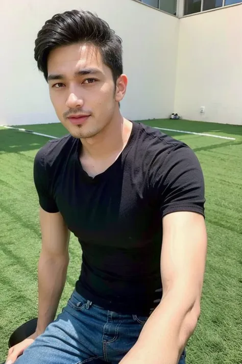 ((realistic daylight)) , young korean man in a simple brown t-shirt only, no pattern, denim shirt, and jeans., a handsome, muscu...