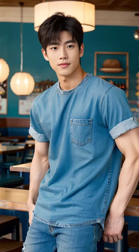 ((realistic daylight)) , young korean man in a blue t-shirt denim shirt, jeans, a handsome, muscular young asian man looks at th...