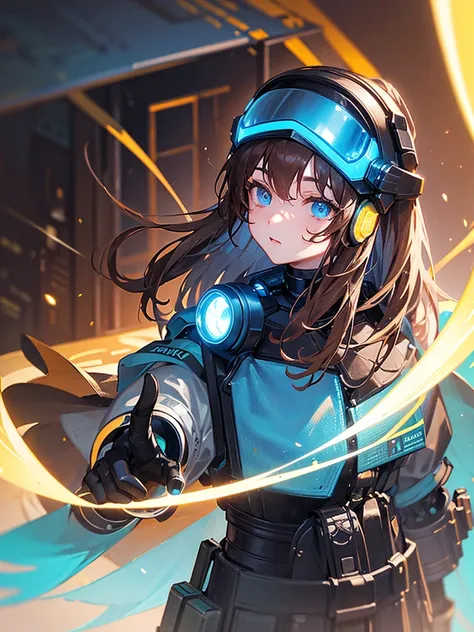 masterpiece,  Highest quality, , (alone), One girl, look up, Dim Light, , horizon_(Apex Legends), goggles, blue eyes, Brown Hair, Gauntlet, Shoulder Armor,  hat, (freckles:0.5), , (science_fiction), Outdoor, street, Neon Light, cyber punk,