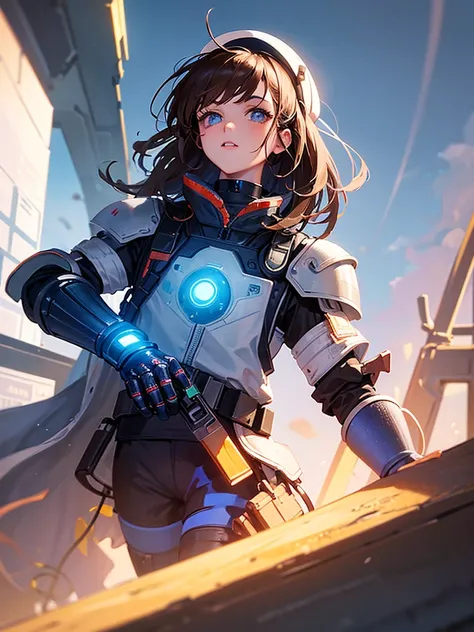 masterpiece,  Highest quality, , (alone), One girl, look up, Dim Light, , horizon_(Apex Legends), goggles, blue eyes, Brown Hair, Gauntlet, Shoulder Armor,  hat, (freckles:0.5), , (science_fiction), Outdoor, street, Neon Light, cyber punk,