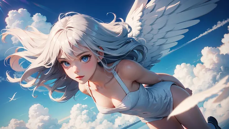  angel girl ,flying in the cloud, siver hair,hight quality,4k