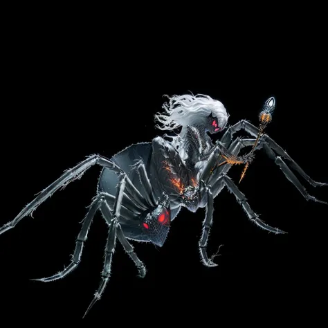 smile, ( ((Half human、Half a spider,))) Arachne, Dark high contrast concept art, creature concept art, foreground, Drider, d&d, Holding a magic wand