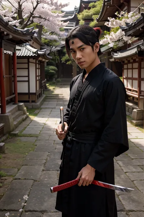 "A young swordsman, with side-parted hair, wearing a black headband, dressed in a black uniform with a Japanese pattern, with a black robe with a flame pattern, carrying a katana, standing on a rock overlooking a cherry blossom tree, and a red temple gate....