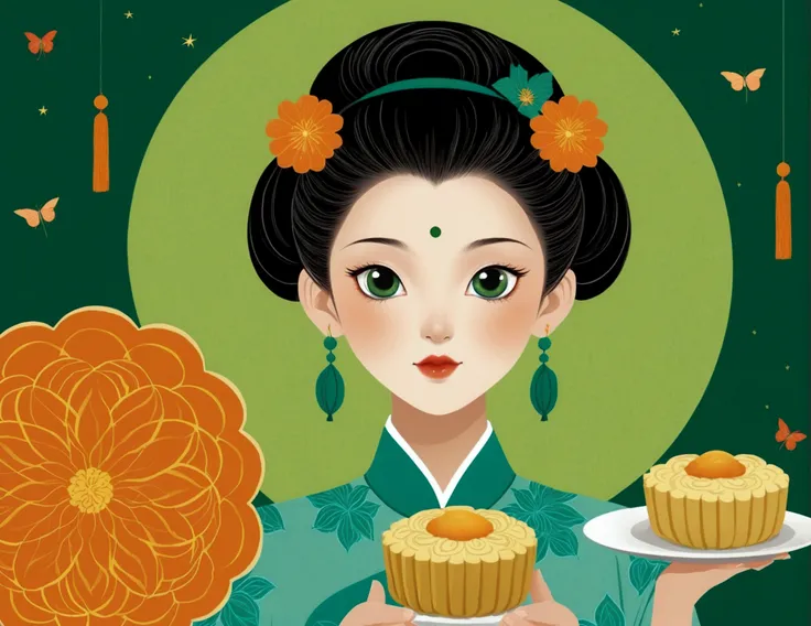 mid-autumn festival poster design，girl，cyan and green，starbucks mooncakes，moon，orange color，big eyes，cute expression，two hair bu...