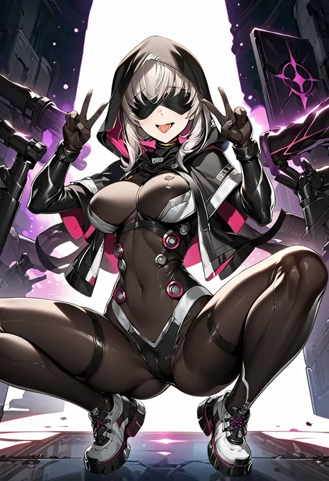 (((hands_up, double piece_sign, double_v:1.1, two up fingers))), hood, jacket, body suit, black clothes, black wear, (((black tights))), weapon, cowboy shot, (((blindfold))), beautiful face, masterpiece, super fine illustration, ultra high res, masterwork,...