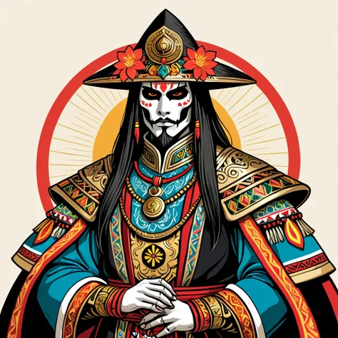 japanese necromancer paladin in peruvian folk outfit, vector graphics, strong contours
