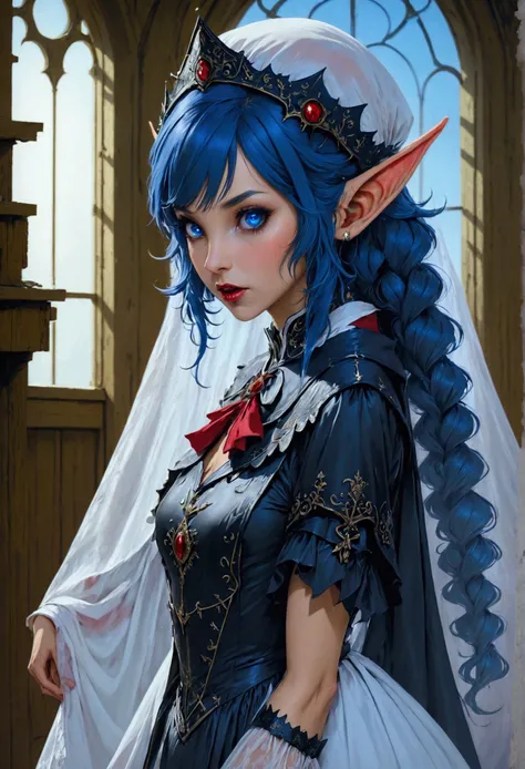 arafed a picture of elf vampire in her castle. an exquisite beautiful female elf vampire (ultra details, Masterpiece, best quality), bloody mouth, blue hair, pale skin, hair in a ponytail, long hair, blue eyes, small pointed ears, cold eyes, smirking, wear...