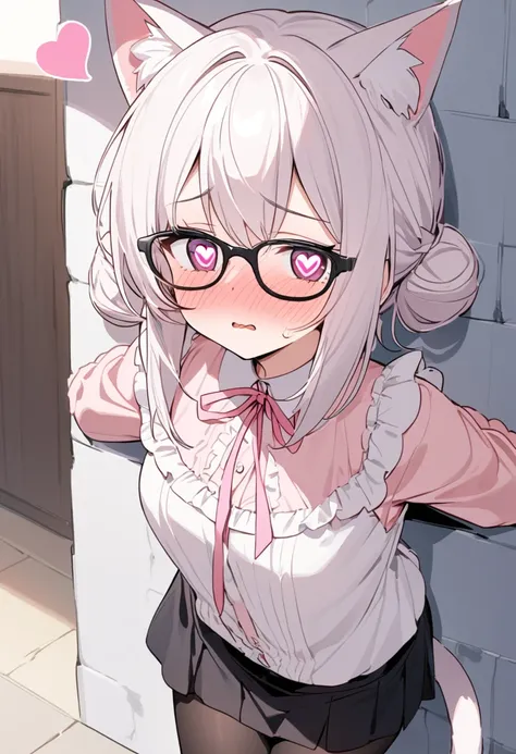 I have white pink hair, cat ears, a bun, my face is super blushing, black glasses, pink heart eyes, a blouse that reaches to my shoulders, a short black skirt, black stockings, white tennis shoes, a tail of cat a very shy girl who is glued to a wall with h...