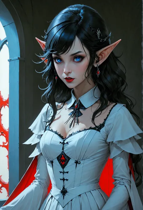 arafed a picture of elf vampire in her castle. an exquisite beautiful female elf vampire (ultra details, Masterpiece, best quality), bloody mouth, black hair, pale skin, hair in a ponytail, long hair, blue eyes, small pointed ears, cold eyes, smirking, wea...