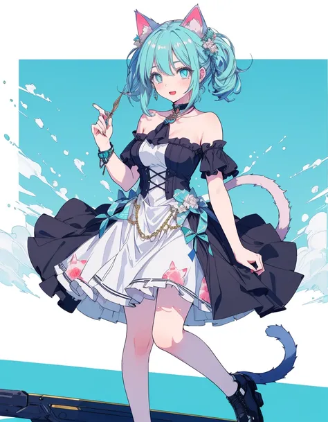 amusement park, happy, full body, dress, ((masterpiece, best quality:1.5)), ((Beautiful detailed cat aqua eyes:1.2)), cat ears, pale skin, medium breasts, beautiful hands, beautiful fingers, EasyNegative