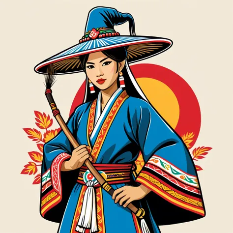 japanese mage in peruvian folk outfit, vector graphics, strong contours
