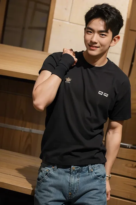 ((realistic daylight)) , young korean man in black sports shirt only, no pattern, denim shirt, jeans., a handsome, muscular youn...