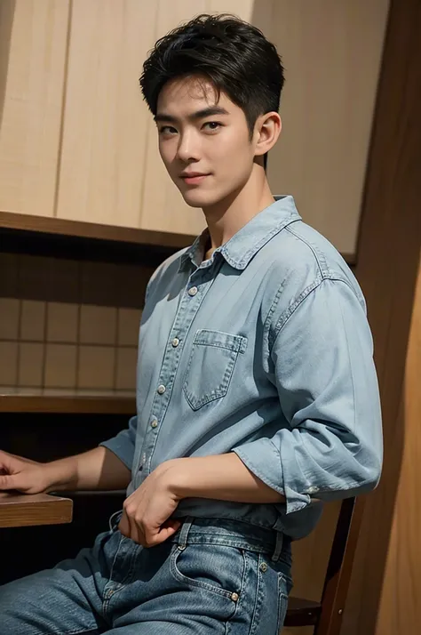 ((realistic daylight)) , Young Korean man in black sports shirt only, no pattern, denim shirt, jeans., A handsome, muscular young Asian man looks at the camera.  , in the restaurant ,turn sideways((realistic daylight)) , Young Korean man in black sports sh...