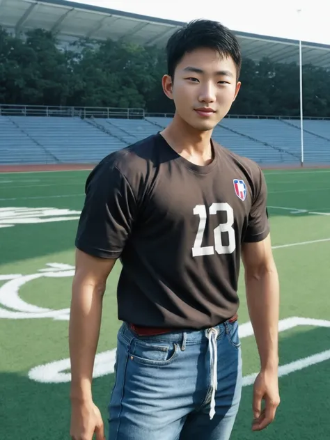 ((realistic daylight)) , Young Korean man in a simple black t-shirt only, no pattern, and jeans., A handsome, muscular young Asian man looks at the camera.  , in the football field ,turn sideways