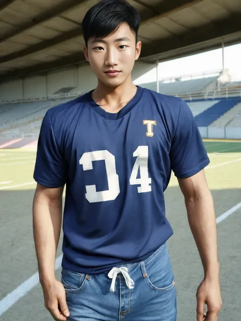 ((realistic daylight)) , Young Korean man in a simple black t-shirt only, no pattern, and jeans., A handsome, muscular young Asian man looks at the camera.  , in the football field ,turn sideways