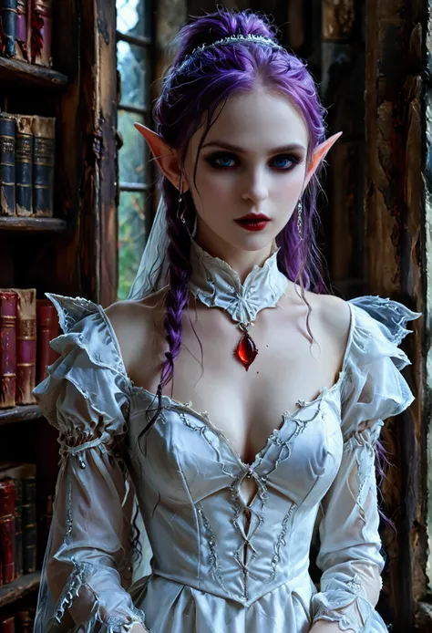 arafed a picture of elf vampire in her castle. an exquisite beautiful female elf vampire (ultra details, Masterpiece, best quality), bloody mouth, purple hair, pale skin, hair in a ponytail, long hair, blue eyes, small pointed ears, cold eyes, smirking, we...