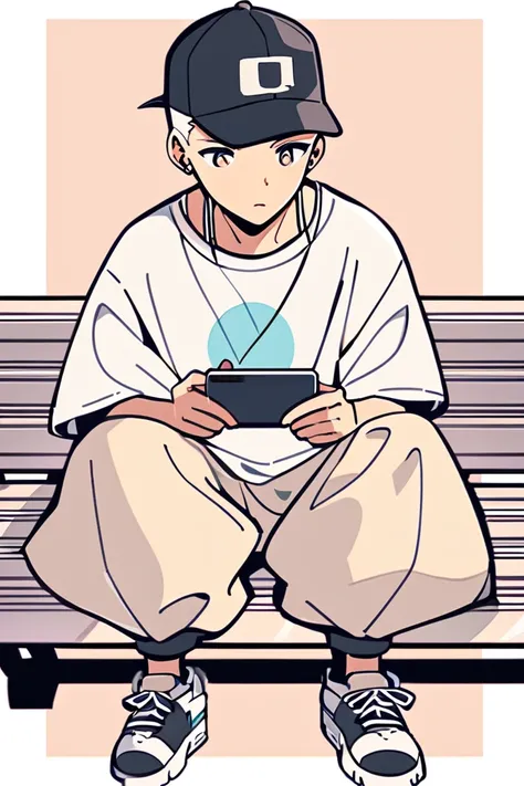 Create a detailed anime illustration of a boy with short hair in a casual streetwear outfit. He should be wearing a baseball cap, baggy pants, and a graphic t-shirt. He is seated on a bench, holding a mobile phone, with a serene expression. Use a two-tone ...