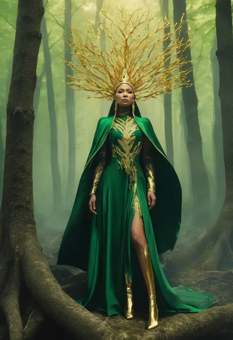 a dark sect in the forest, with a goddess with a diamond crown and a woman levitating, green clothes with golden gold, the destroyed trees