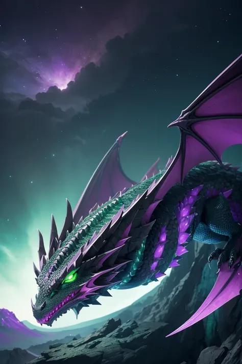 Draw a dragon, Por favor. here is the description: Terrax has a black color. The “crest” on its neck divides into rows of green and purple. He had thin horns on his head. Its wings, although black, show green and purple spots and its tail is double..