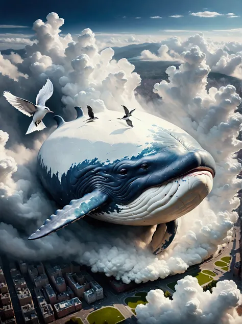 (((a colossal whale made of marshmallow-like white clouds))), (((whale's body entirely covered in fluffy white clouds))), (((soa...