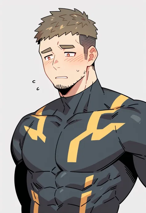 anime characters：gyee priapus, muscle sports student, buzz cut, manliness, male focus, compression bodysuit, yellow  black high ...