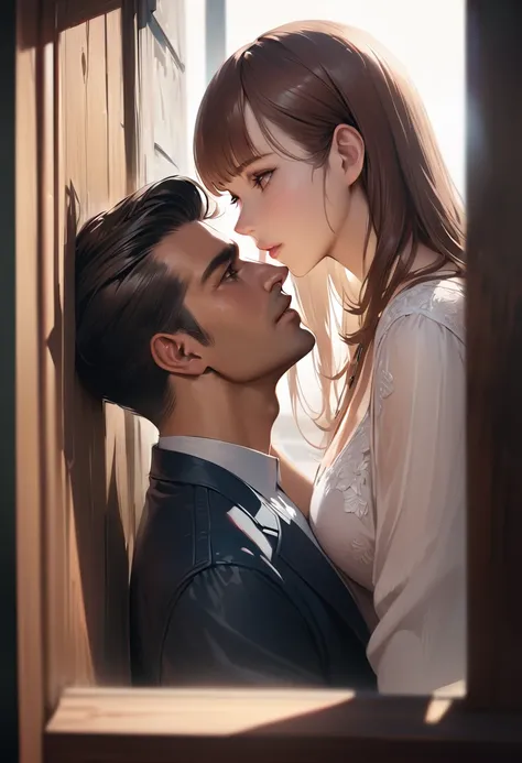 realistic painting of a man and woman kissing while being watched through a window, cinematic composition, trending on ArtStation