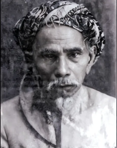 Indonesian Muslim man, 65 years old, naturally wrinkled brown skin appropriate for age, wearing a dark blue patterned turban. white Islamic clothes, oval face, tall nose, long ears, thick gray eyebrows, clear black eyes, slightly thick lower lip, thick whi...