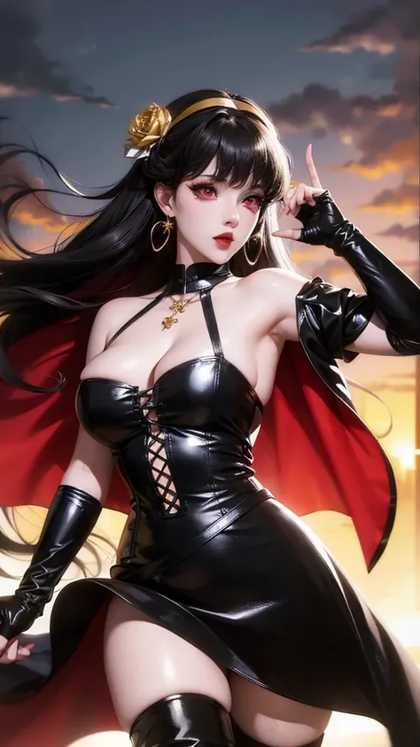 Yor Forger,yor briar,dress,black dress,black hair,hair ornament,flower,hairband,gloves,hair flower,fingerless gloves,black gloves,bare shoulders,gold hairband,weapon,holding,holding weapon,breasts,knife,sidelocks,dagger,red eyes,bangs,thighhighs,long hair,...