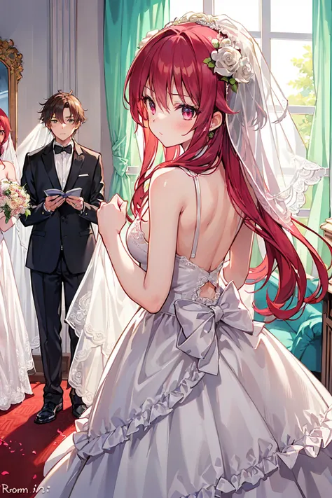 One girl, masterpiece, High resolution, Sonic Edge_Rias_Gremory,Long Red Hair, ((Wedding dress, room, Bridal Lingerie, Wedding Themes))