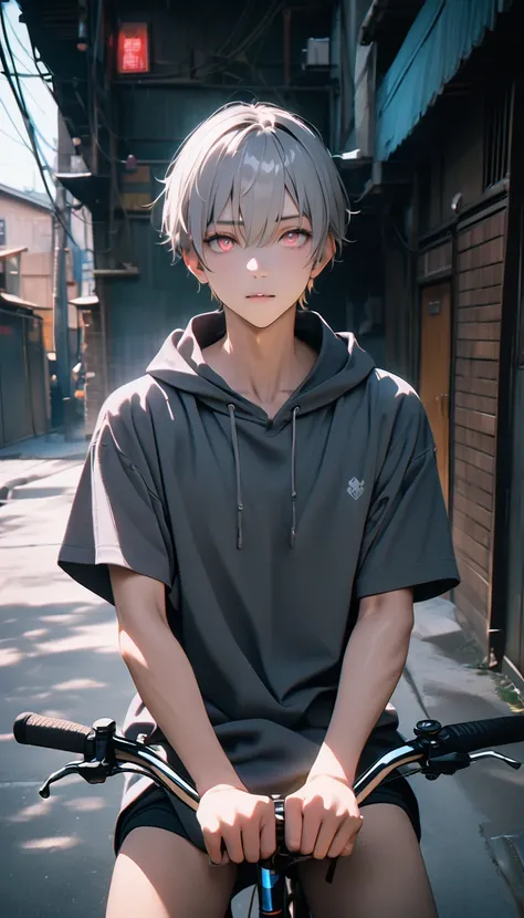 (8k, RAW Photos, Highest quality, masterpiece: 1.4), (((Boy on a bicycle)))，Ultra-high resolution, Very detailed, Light, Arm close-up, Handsome boy, Iris, (Delicate eyes, Shining eyes:1.2), Grey Short Hair, Fair skin,dark, Grey sweatshirt, Hooded sweatshir...