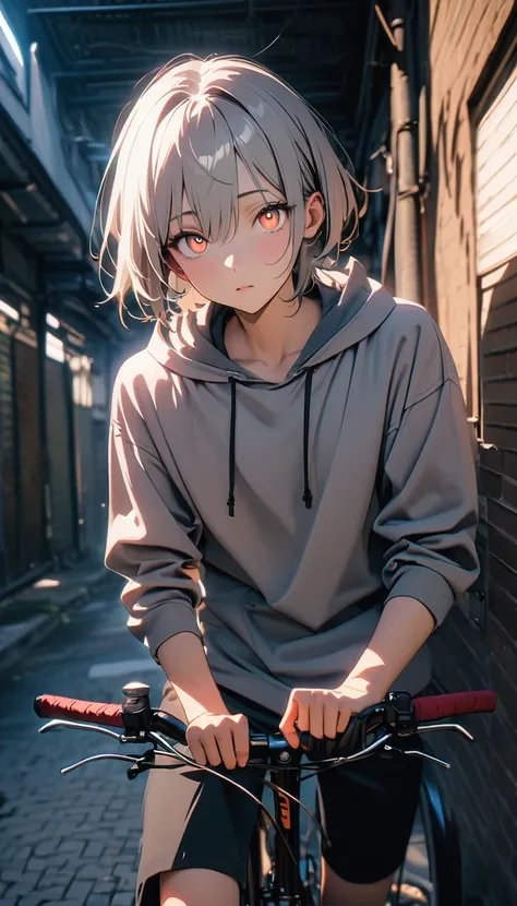 (8k, RAW Photos, Highest quality, masterpiece: 1.4), (((Boy on a bicycle)))，Ultra-high resolution, Very detailed, Light, Arm close-up, Handsome boy, Iris, (Delicate eyes, Shining eyes:1.2), Grey Short Hair, Fair skin,dark, Grey sweatshirt, Hooded sweatshir...