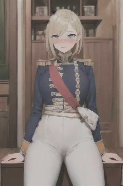 masterpiece, Highest quality, Highest Resolution, Very detailed, One Girl,  army_uniform, uniform, Sitting, have, Epaulettes ,army, white_pants, Blue_Jacket,shako have,Napoleon, Infantry Regiment,青 coat, 青 and white hackle, 青 and white plume, Blonde Bob Cu...