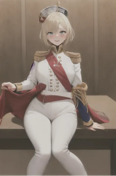 masterpiece, Highest quality, Highest Resolution, Very detailed, One Girl,  army_uniform, uniform, Sitting, have, Epaulettes ,army, white_pants, Blue_Jacket,shako have,Napoleon, Infantry Regiment,青 coat, 青 and white hackle, 青 and white plume, Blonde Bob Cu...