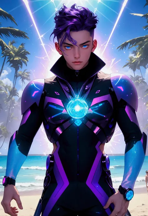 ((Artwork, high quality)), (20-year-old man), (purple hair), (blue eyes), (wearing futuristic beach clothing), (with a high-tech, holographic watch), (opening a glowing portal to the past with crackling, sparking energy around it), (set against a backdrop ...