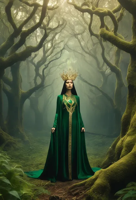 a dark sect in the forest, with a goddess with a diamond crown and a woman levitating, green clothes with golden gold, the destroyed trees
