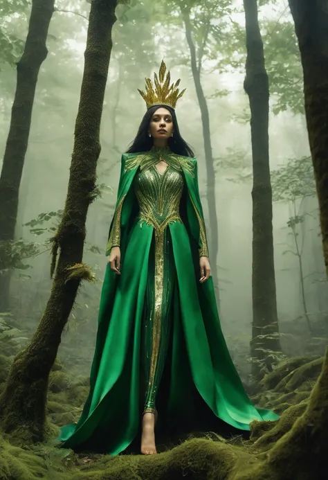 a dark sect in the forest, with a goddess with a diamond crown and a woman levitating, green clothes with golden gold, the destroyed trees
