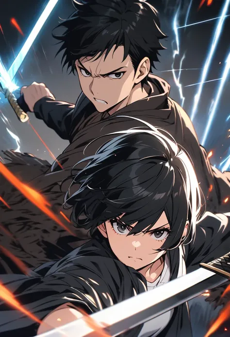 With two people, Back to Back、 short hair, Black Hair, Black eyes,,Chopped Robe、 Lots of power,Sword Fighting