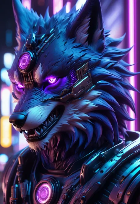 a cyberpunk wolf head, detailed digital art, purple color, sharp teeth, glowing eyes, neon lights, metallic textures, highly detailed, hyper-realistic, cinematic lighting, 8k, award winning, professional, photorealistic