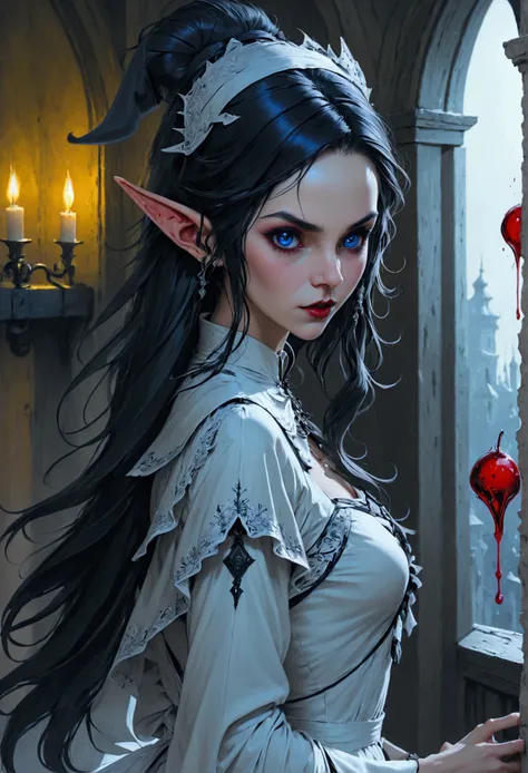 arafed a picture of elf vampire in her castle. an exquisite beautiful female elf vampire (ultra details, Masterpiece, best quality), bloody mouth, black hair, pale skin, hair in a ponytail, long hair, blue eyes, (small pointed ears: 1.3), cold eyes, smirki...