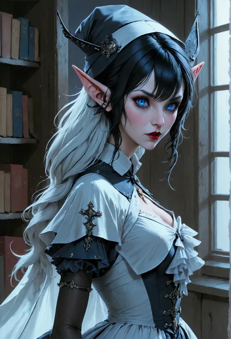 arafed a picture of elf vampire in her castle. an exquisite beautiful female elf vampire (ultra details, Masterpiece, best quality), bloody mouth, black hair, pale skin, hair in a ponytail, long hair, blue eyes, (small pointed ears: 1.3), cold eyes, smirki...