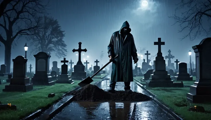 Scary horror image of a cemetery with a Gravedigger on a rainy night, PICTURE REALISTIC, high resolution, 8k 