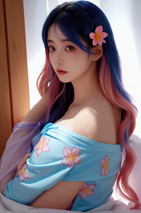 A detailed, anime-style illustration of a girls arm with a glowing neon flower tattoo. The tattoo features intricate flowers and leaves in vibrant blue and pink. The girls long hair flows gently and she wears a white off-the-shoulder dress. The lighting is...