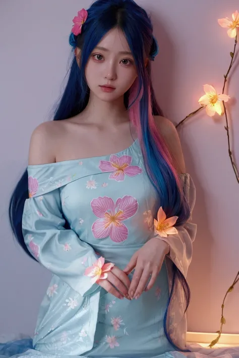 A detailed, anime-style illustration of a girls arm with a glowing neon flower tattoo. The tattoo features intricate flowers and leaves in vibrant blue and pink. The girls long hair flows gently and she wears a white off-the-shoulder dress. The lighting is...