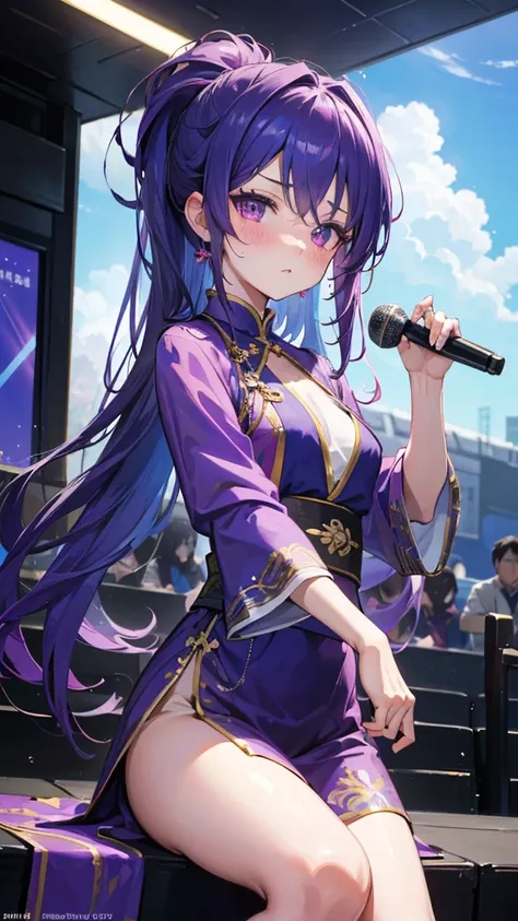 Highest quality, Very detailedな, Highest quality, Very detailed, beautiful, masterpiece, 8k, 
female, Purple Hair, Long Hair, Pink Eyes, Very detailed目, china clothes, purple clothes, fighting, High Ponytail, (Gazing at the audience:1.5),  (Embarrassing,bl...