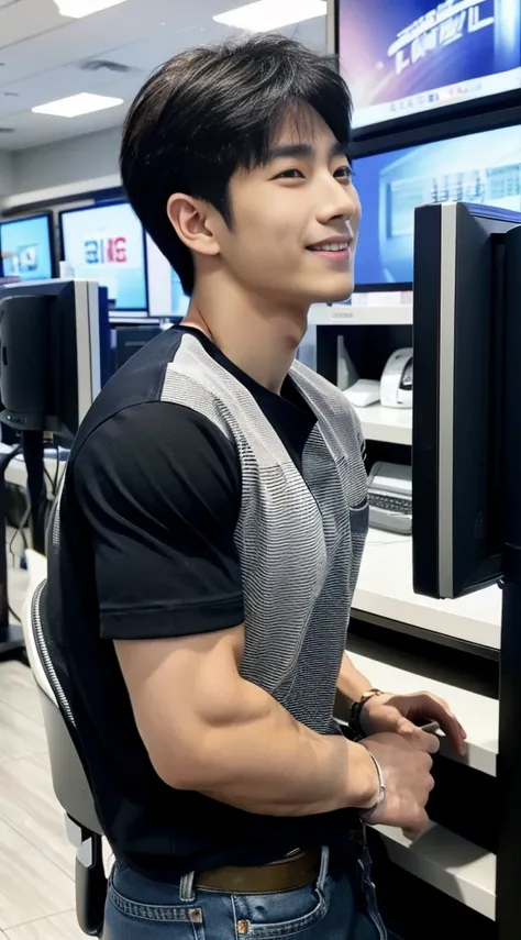 ((realistic daylight)) , Young Korean man in only a black sports shirt, no stripes, and jeans., A handsome, muscular young Asian man looks at the camera.  , In a computer shop ,turn sideways, smile