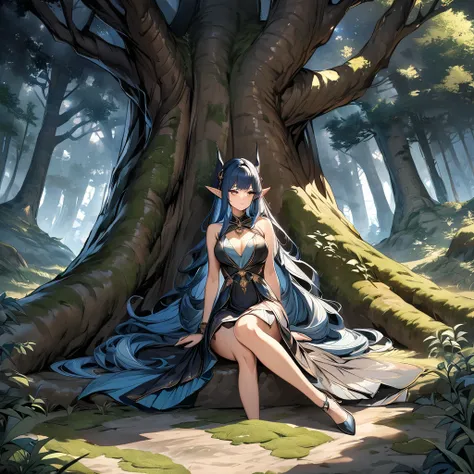 high quality, 4k, 8k, highres, HDR, UHD, masterpiece, ultra-detailed, a beautiful elf woman in a dark fantasy forest, sitting pose, creative angle, mature woman. extremely detailed face, long flowing hair, dark blue hair, curious expression, sitting under ...