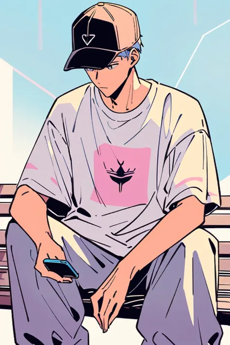 Create a detailed anime illustration of a boy with short hair in a casual streetwear outfit. He should be wearing a baseball cap, baggy pants, and a graphic t-shirt. He is seated on a bench, holding a mobile phone, with a serene expression. Use a two-tone ...