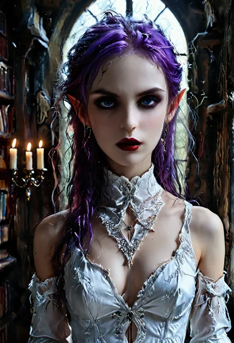 arafed a picture of elf vampire in her castle. an exquisite beautiful female elf vampire (ultra details, Masterpiece, best quality), bloody mouth, purple hair, pale skin, hair in a ponytail, long hair, blue eyes, small pointed ears, cold eyes, smirking, we...